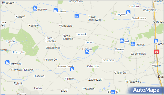 mapa Opiesin gmina Daszyna, Opiesin gmina Daszyna na mapie Targeo