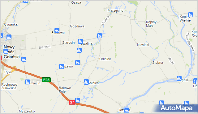 mapa Orliniec gmina Nowy Dwór Gdański, Orliniec gmina Nowy Dwór Gdański na mapie Targeo