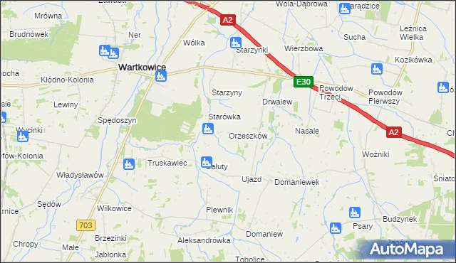 mapa Orzeszków gmina Wartkowice, Orzeszków gmina Wartkowice na mapie Targeo