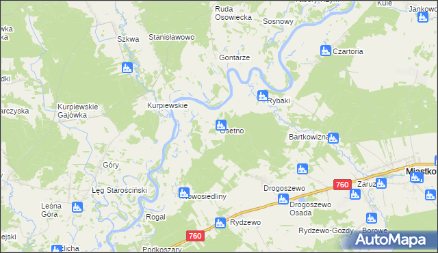 mapa Osetno gmina Miastkowo, Osetno gmina Miastkowo na mapie Targeo