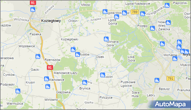 mapa Osiek gmina Koziegłowy, Osiek gmina Koziegłowy na mapie Targeo