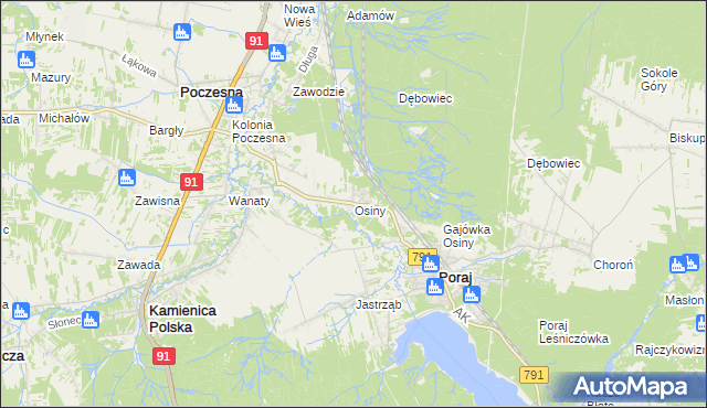 mapa Osiny gmina Kamienica Polska, Osiny gmina Kamienica Polska na mapie Targeo