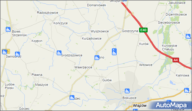 mapa Ośno gmina Wiązów, Ośno gmina Wiązów na mapie Targeo