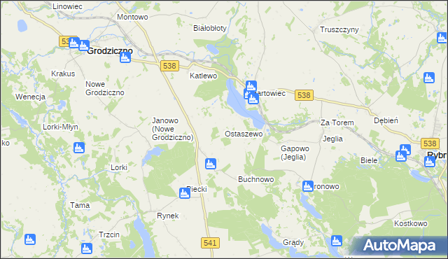 mapa Ostaszewo gmina Grodziczno, Ostaszewo gmina Grodziczno na mapie Targeo