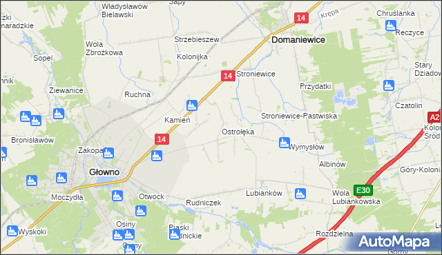 mapa Ostrołęka gmina Głowno, Ostrołęka gmina Głowno na mapie Targeo