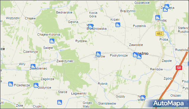 mapa Ostrów gmina Brzeźnio, Ostrów gmina Brzeźnio na mapie Targeo