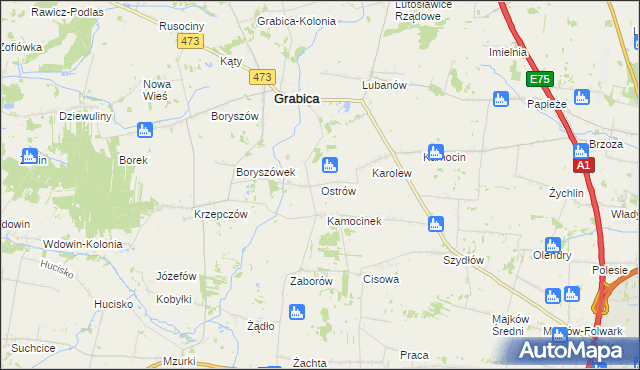 mapa Ostrów gmina Grabica, Ostrów gmina Grabica na mapie Targeo