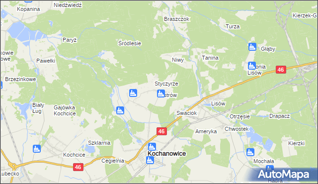 mapa Ostrów gmina Kochanowice, Ostrów gmina Kochanowice na mapie Targeo