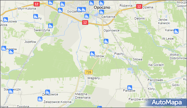 mapa Ostrów gmina Opoczno, Ostrów gmina Opoczno na mapie Targeo