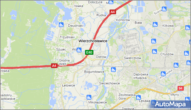 mapa Ostrów gmina Wierzchosławice, Ostrów gmina Wierzchosławice na mapie Targeo