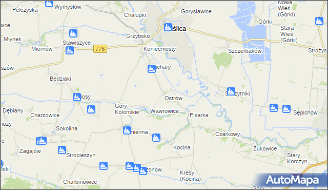 mapa Ostrów gmina Wiślica, Ostrów gmina Wiślica na mapie Targeo