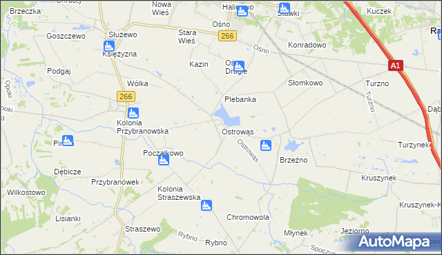 mapa Ostrowąs gmina Aleksandrów Kujawski, Ostrowąs gmina Aleksandrów Kujawski na mapie Targeo
