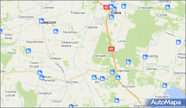 mapa Ostrówek gmina Dobra, Ostrówek gmina Dobra na mapie Targeo