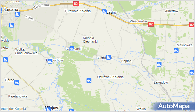 mapa Ostrówek gmina Puchaczów, Ostrówek gmina Puchaczów na mapie Targeo