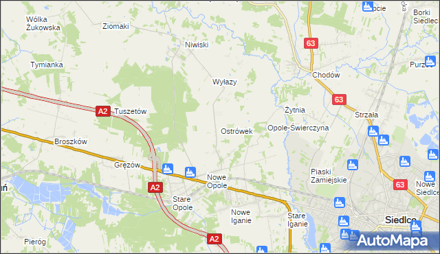 mapa Ostrówek gmina Siedlce, Ostrówek gmina Siedlce na mapie Targeo