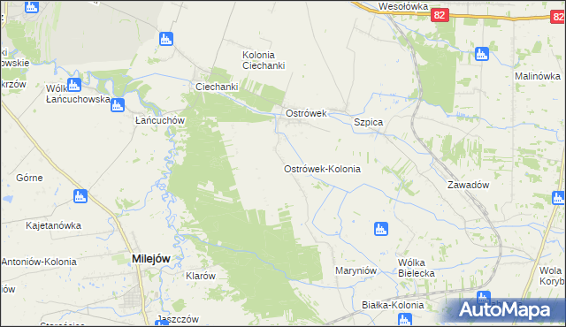 mapa Ostrówek-Kolonia gmina Milejów, Ostrówek-Kolonia gmina Milejów na mapie Targeo