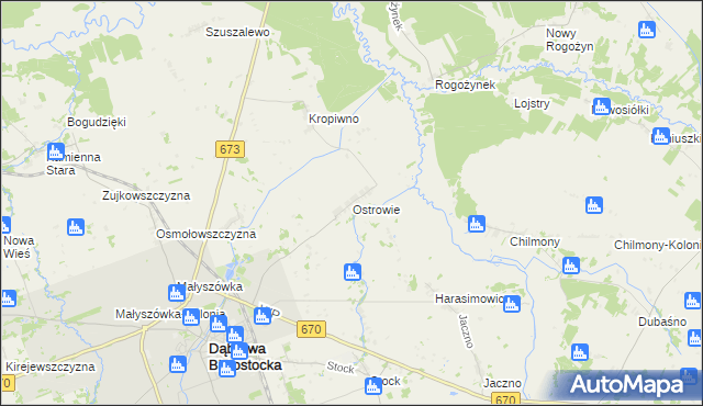 mapa Ostrowie gmina Dąbrowa Białostocka, Ostrowie gmina Dąbrowa Białostocka na mapie Targeo