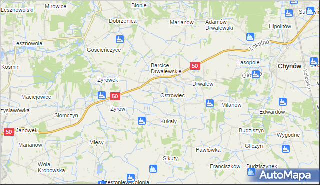 mapa Ostrowiec gmina Chynów, Ostrowiec gmina Chynów na mapie Targeo