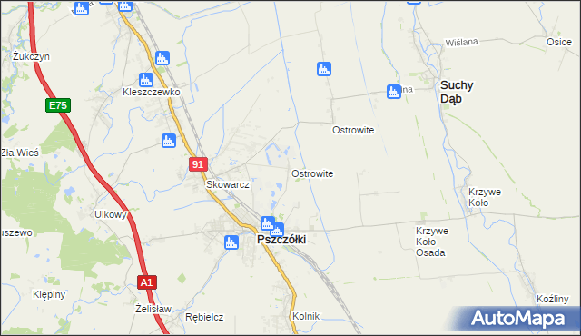 mapa Ostrowite gmina Pszczółki, Ostrowite gmina Pszczółki na mapie Targeo