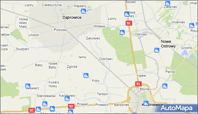 mapa Ostrówki gmina Dąbrowice, Ostrówki gmina Dąbrowice na mapie Targeo