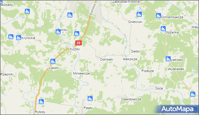 mapa Ostrówki gmina Zabłudów, Ostrówki gmina Zabłudów na mapie Targeo