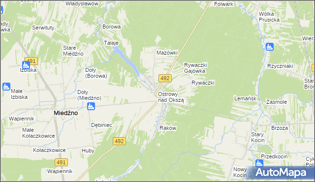 mapa Ostrowy nad Okszą, Ostrowy nad Okszą na mapie Targeo