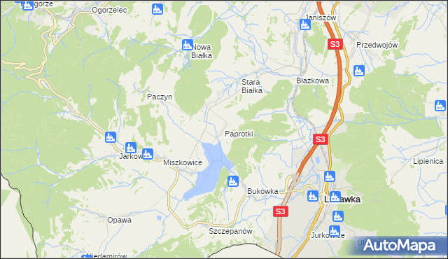 mapa Paprotki gmina Lubawka, Paprotki gmina Lubawka na mapie Targeo