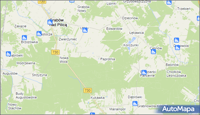 mapa Paprotnia gmina Grabów nad Pilicą, Paprotnia gmina Grabów nad Pilicą na mapie Targeo