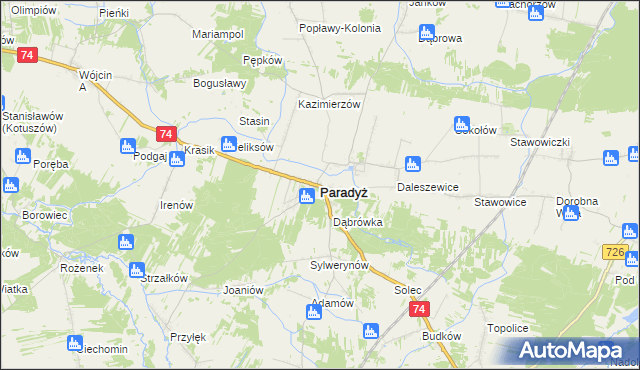 mapa Paradyż powiat opoczyński, Paradyż powiat opoczyński na mapie Targeo