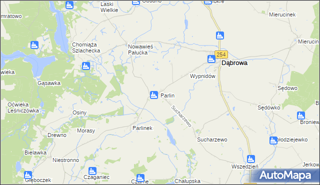 mapa Parlin gmina Dąbrowa, Parlin gmina Dąbrowa na mapie Targeo