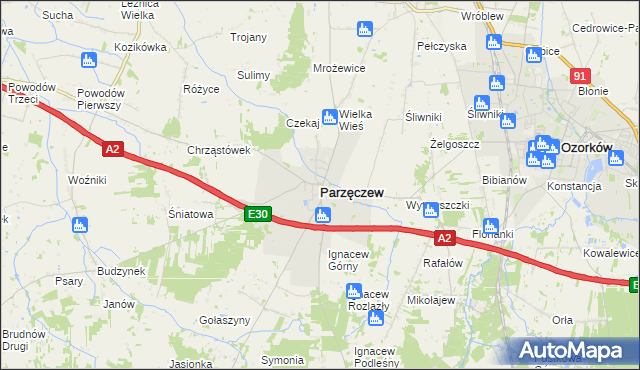 mapa Parzęczew powiat zgierski, Parzęczew powiat zgierski na mapie Targeo