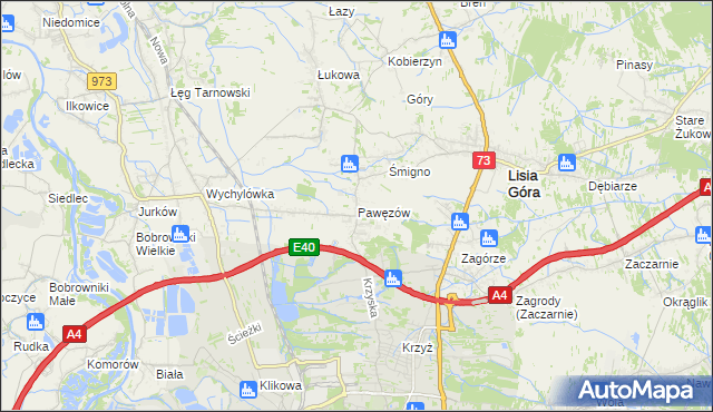 mapa Pawęzów gmina Lisia Góra, Pawęzów gmina Lisia Góra na mapie Targeo