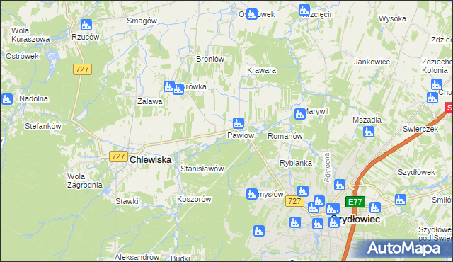 mapa Pawłów gmina Chlewiska, Pawłów gmina Chlewiska na mapie Targeo