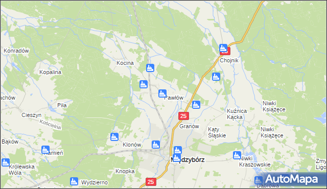 mapa Pawłów gmina Sośnie, Pawłów gmina Sośnie na mapie Targeo