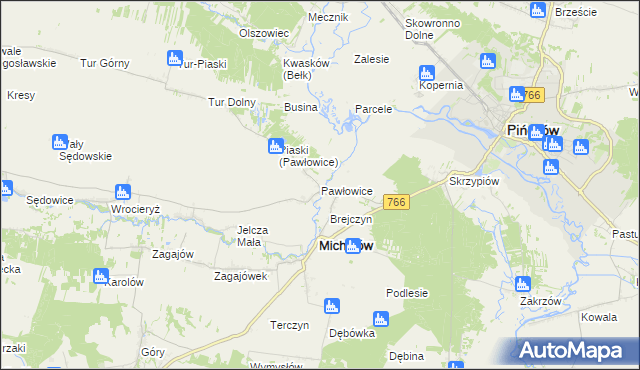 mapa Pawłowice gmina Michałów, Pawłowice gmina Michałów na mapie Targeo