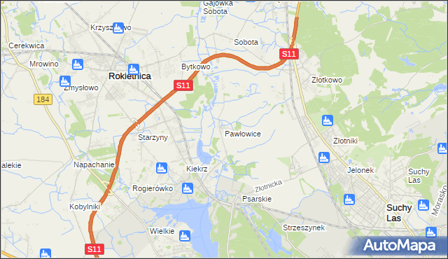 mapa Pawłowice gmina Rokietnica, Pawłowice gmina Rokietnica na mapie Targeo