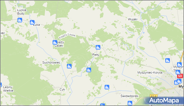 mapa Pełty gmina Myszyniec, Pełty gmina Myszyniec na mapie Targeo