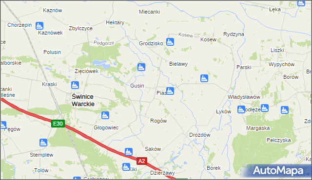 mapa Piaski gmina Świnice Warckie, Piaski gmina Świnice Warckie na mapie Targeo