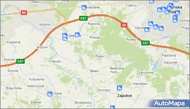 mapa Piaski gmina Zduńska Wola, Piaski gmina Zduńska Wola na mapie Targeo