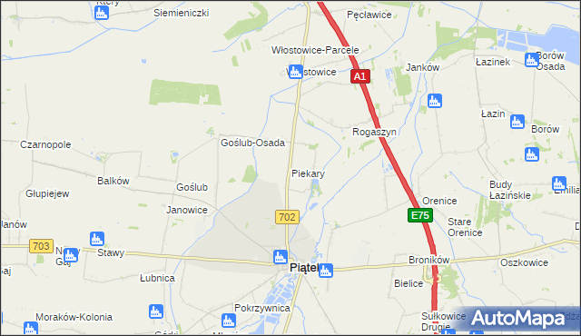 mapa Piekary gmina Piątek, Piekary gmina Piątek na mapie Targeo