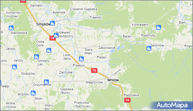 mapa Pielaki gmina Mniów, Pielaki gmina Mniów na mapie Targeo