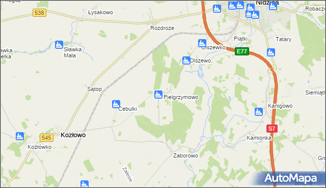 mapa Pielgrzymowo gmina Kozłowo, Pielgrzymowo gmina Kozłowo na mapie Targeo