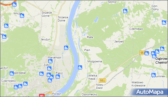 mapa Pień gmina Dąbrowa Chełmińska, Pień gmina Dąbrowa Chełmińska na mapie Targeo