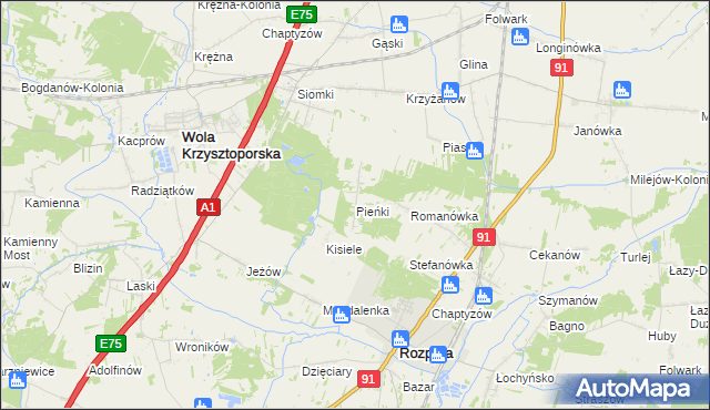 mapa Pieńki gmina Rozprza, Pieńki gmina Rozprza na mapie Targeo