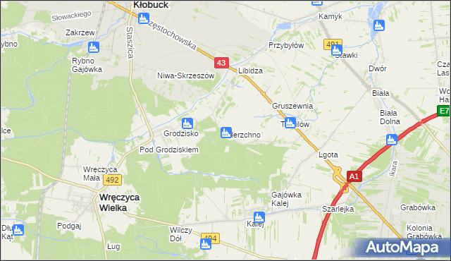 mapa Pierzchno gmina Wręczyca Wielka, Pierzchno gmina Wręczyca Wielka na mapie Targeo