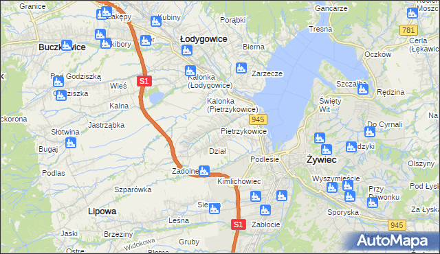 mapa Pietrzykowice gmina Łodygowice, Pietrzykowice gmina Łodygowice na mapie Targeo
