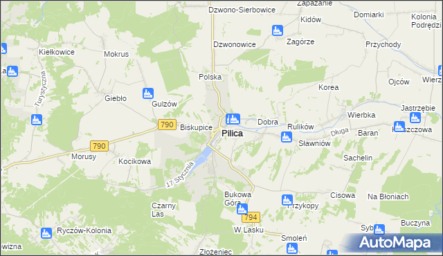 mapa Pilica powiat zawierciański, Pilica powiat zawierciański na mapie Targeo