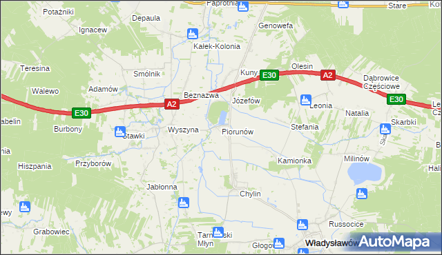 mapa Piorunów gmina Władysławów, Piorunów gmina Władysławów na mapie Targeo