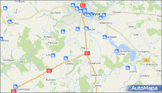 mapa Plęsy gmina Bartoszyce, Plęsy gmina Bartoszyce na mapie Targeo