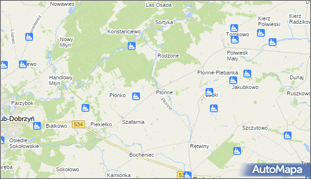 mapa Płonne gmina Radomin, Płonne gmina Radomin na mapie Targeo